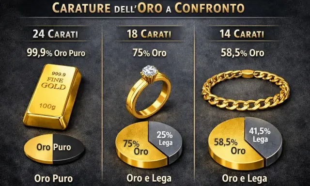 Confronto carature oro: 24 carati (oro puro), 18 carati (75% oro), 14 carati (58,5% oro).