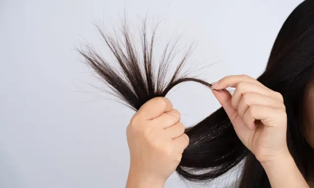 Mani che esaminano ciocche di capelli fini che si spezzano, mostrando la fragilità e la necessità di cura.