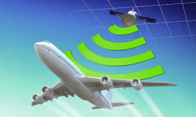 Samolot w przestworzach odbiera sygnał z satelity, co pokazuje, że w samolocie można używać internetu.