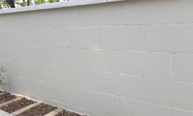 Mur extérieur en béton cellulaire peint en blanc, avec une bordure en pierre grise au sommet. Des plantes poussent à la base.