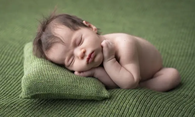 Dolce neonato scatti nel sonno, appoggiato su un cuscino verde. La sua manina è vicino al viso, in un sonno profondo e sereno.