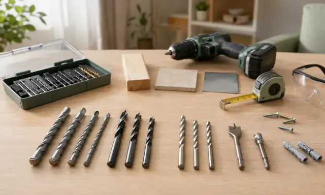 Variedad de tipos de brocas para pared y madera, junto a taladro, cinta métrica y gafas de seguridad.