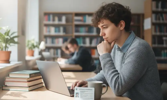 Młody student z legitymacją studencką, korzystający z laptopa w bibliotece. Nawet po 26 roku życia można skorzystać ze zniżek dla studentów.