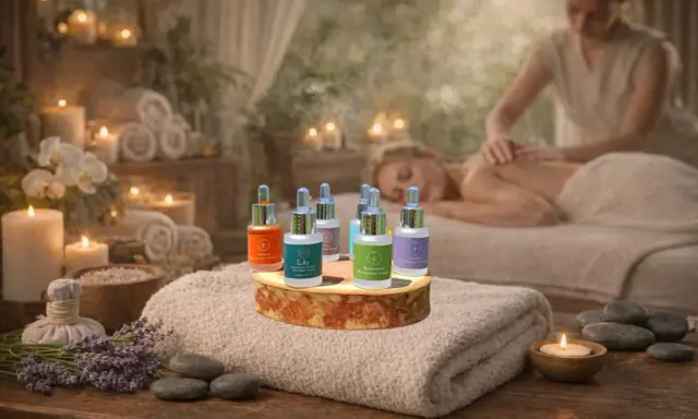 Set di oli essenziali corpo in un'atmosfera rilassante da spa, con candele e massaggio in sottofondo.