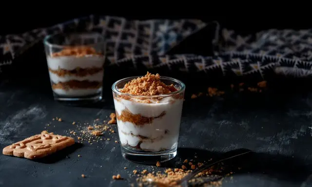 Deux verrines de tiramisu speculoos, garnies de miettes croustillantes. Un biscuit speculoos repose à côté.