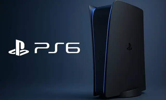 Logo PS6 i czarna konsola z niebieskim podświetleniem. Premiera PS6 już wkrótce!