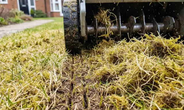Wertykulacja trawnika po zimie: maszyna usuwa mech i filc, odsłaniając ziemię i młode źdźbła trawy.