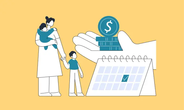 Matka z dziećmi, ręka z pieniędzmi i kalendarz. Ilustracja symbolizuje przemoc ekonomiczną, gdzie finanse kontrolują życie rodziny.