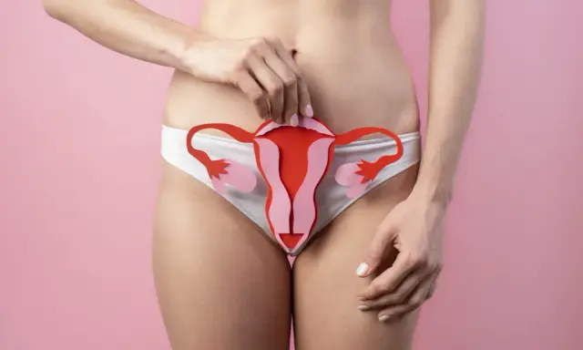 Kobieta trzyma wycięty z papieru model narządów rodnych na tle w kolorze różowym.