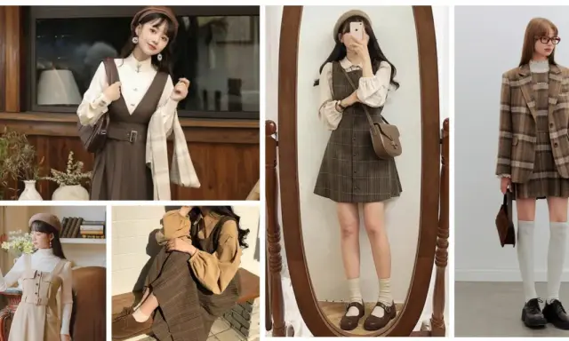 Collage of women in dark academia aesthetic outfits, featuring plaid jumpers, blazers, and berets.