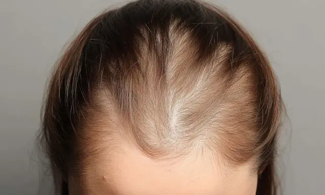 Vue rapprochée du cuir chevelu d'une femme montrant une perte de cheveux visible. Les cheveux sont fins et clairsemés sur le dessus de la tête.