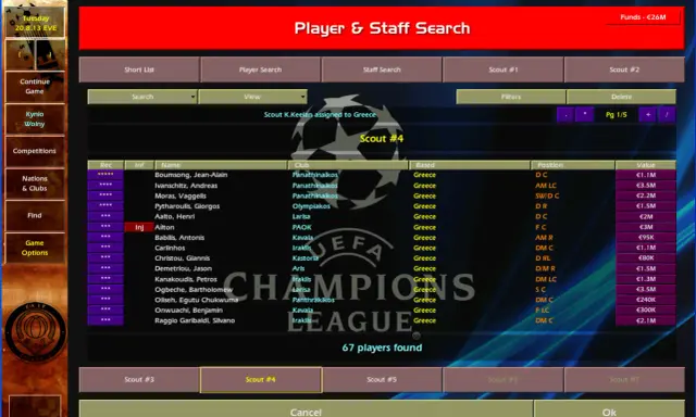 Ekran gry Championship Manager 01/02, lista wyszukanych zawodników z Grecji.