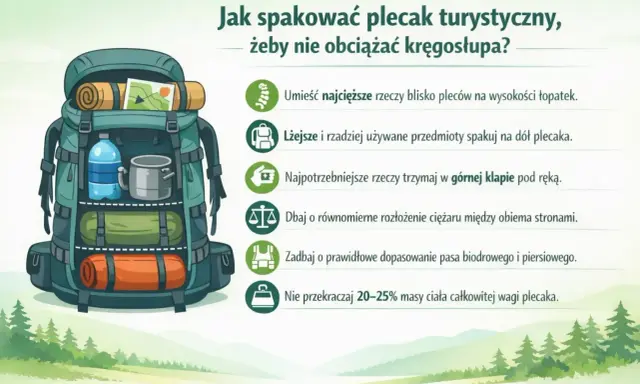 Ilustracja pokazuje, jak spakować plecak turystyczny, by nie obciążać kręgosłupa. Najcięższe rzeczy blisko pleców, lżejsze na dół, a potrzebne pod ręką.