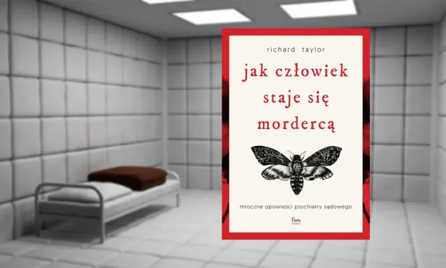 Książka "Jak człowiek staje się mordercą" w ponurym pokoju z łóżkiem.