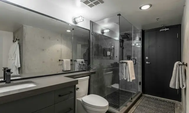 Baño moderno con mampara de ducha de cristal, inodoro, lavabo y puerta negra. Varios tipos de mamparas de ducha se ven en la imagen.