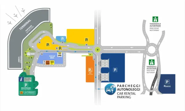 Schemat lotniska Neapol. Jak dojechać z lotniska do centrum? Znajdź taksówki, parkingi, wypożyczalnie aut i autobusy.