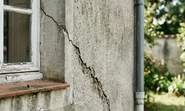 Grosse fissure sur mur extérieur près d'une fenêtre, nécessitant une réparation. Le crépi est abîmé.