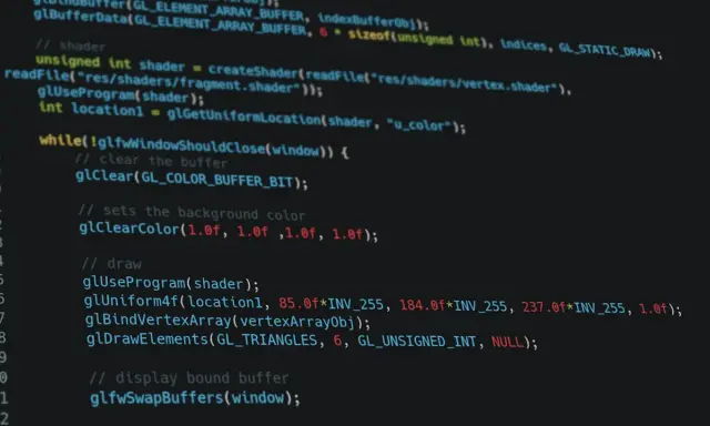 Kod w C++ do renderowania grafiki, używający OpenGL. Widać tu fragment pętli głównej, czyszczenie bufora i ustawianie koloru tła.
