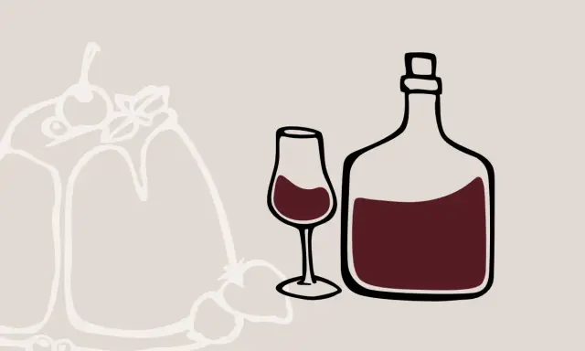 Stilisierte Darstellung eines Kuchens mit Beeren, daneben ein Glas und eine Flasche mit dunklem Wein. Der Unterschied Portwein Sherry wird hier visuell angedeutet.