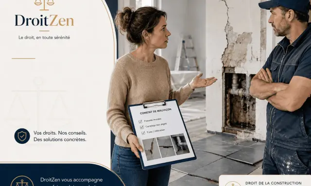 Une femme présente un constat de malfaçon à un artisan, suggérant un litige avec un artisan. La scène se déroule sur un chantier.