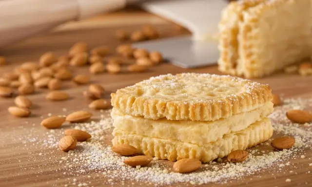 Biscuits Joconde, parfaits pour le goûter, préparés avec le Thermomix. Amandes et sucre glace parsèment la planche en bois.