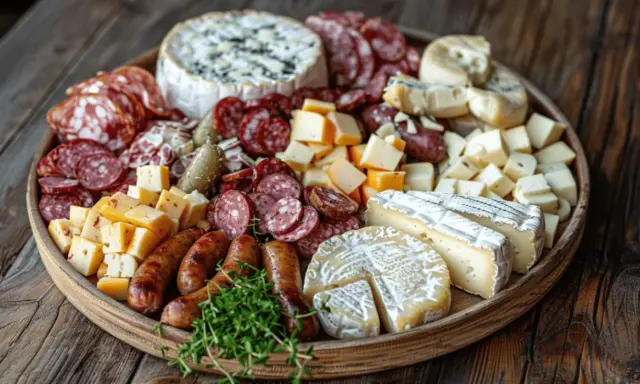 Plateau généreux de charcuteries et fromages, une véritable spécialité Franche-Comté, avec saucissons, terrines, et divers fromages affinés.