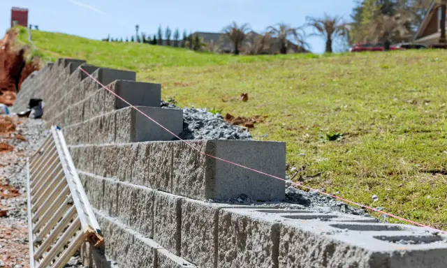 Budowa muru oporowego z bloczków betonowych, z drabiną i sznurkiem do poziomowania.