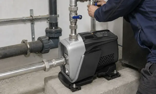 Installazione di una pompa per risolvere la pressione acqua bassa. Un tecnico regola le valvole.