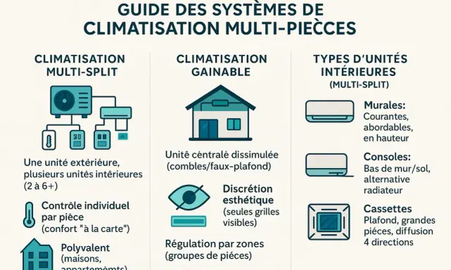 Guide des systèmes de climatisation multi-pièces : comment fonctionne une clim multi-split avec une unité extérieure et plusieurs intérieures, ou une clim gainable centralisée.