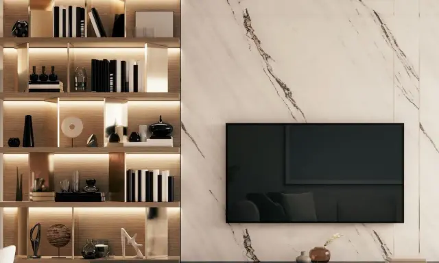 Eleganckie dekoracje z kamieni w domu, subtelnie podkreślone oświetleniem półek.