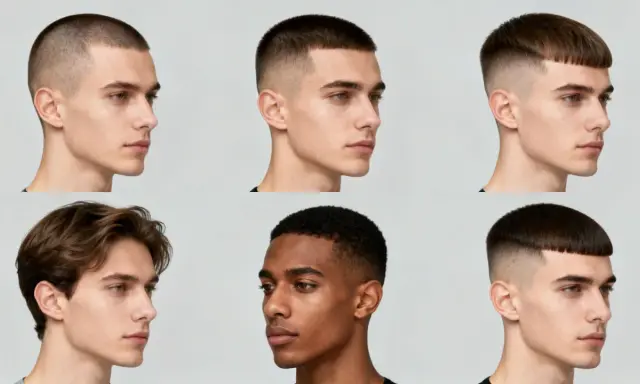 Sechs Männer mit verschiedenen Haarschnitten, darunter ein klassischer french crop stylen.