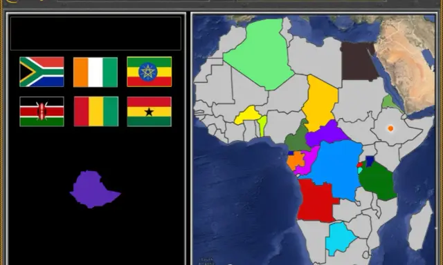 Gioco di geografia: identifica gli stati dell'Africa. L'Etiopia è evidenziata in viola su una mappa colorata.