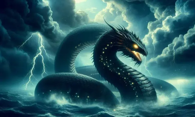 Potężny wąż morski, jeden z gigantów mitologii nordyckiej, wynurza się z wzburzonych fal podczas burzy z piorunami.