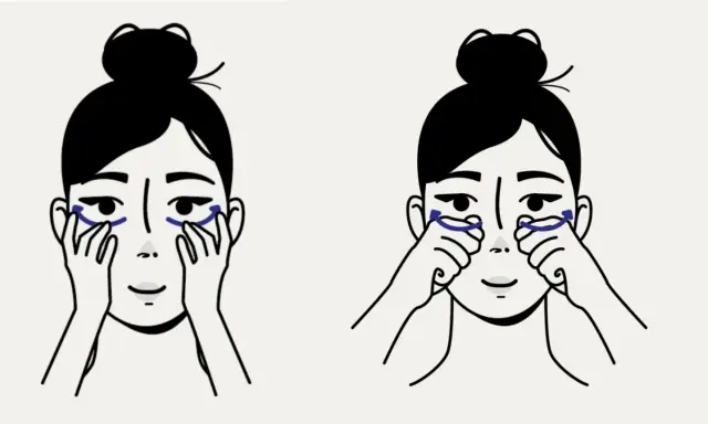Illustration montrant les étapes d'un automassage du visage, ciblant le contour des yeux pour un regard plus détendu.