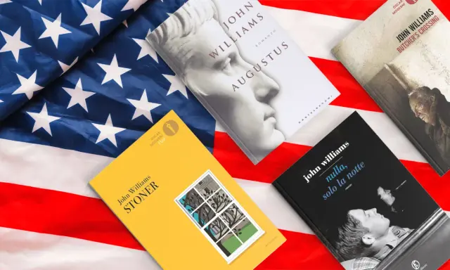 Libri di John Williams, scrittore americano, su una bandiera a stelle e strisce: "Stoner", "Augustus", "Butcher's Crossing" e "Nulla, solo la notte".