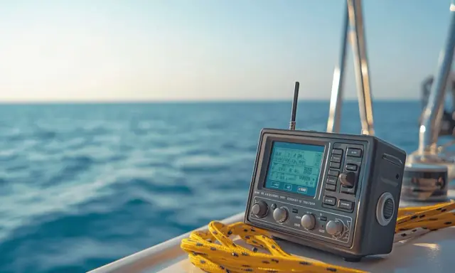 Radio VHF sur un voilier, prêt à communiquer. Le vhf signification est essentiel pour la sécurité en mer.