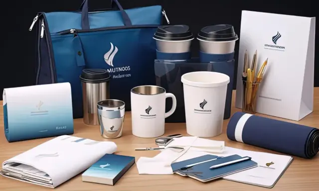 Zestaw eleganckich gadżetów firmowych: torba, kubki, termosy, notesy i długopisy. Idealny reklamowy drobiazg dla klientów.