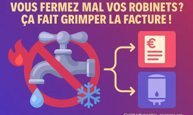 Robinet barré, symbole de flamme et flocon. Le mauvais positionnement du tuyau d'eau chaude et froide augmente la facture.