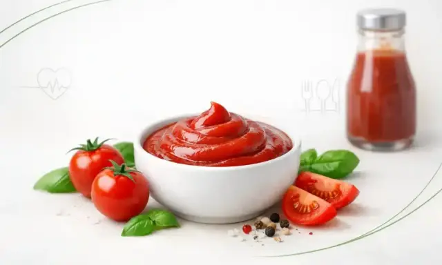 Miseczka pełna ketchupu, pomidory, bazylia i przyprawy. Czy ketchup jest zdrowy? Zależy od składu!