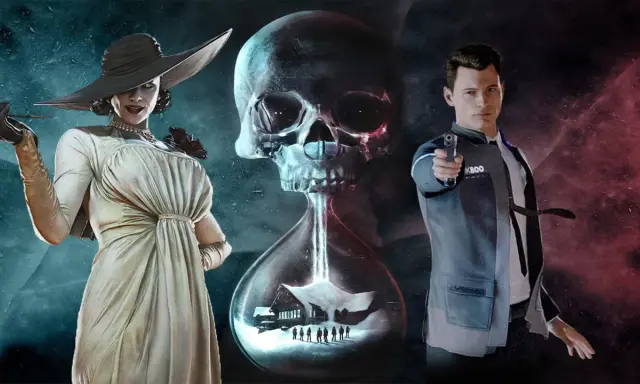 Kobieta w kapeluszu, klepsydra z czaszką i domkiem w środku, oraz android z pistoletem. Klimat gier podobnych do Until Dawn.