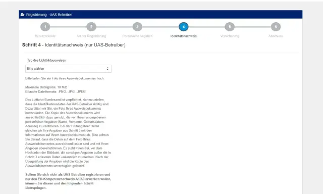 Schritt 4: Identitätsnachweis hochladen. Hier können Sie Ihr Ausweisdokument hochladen, um Ihr Drohnen Kennzeichen zu beantragen.