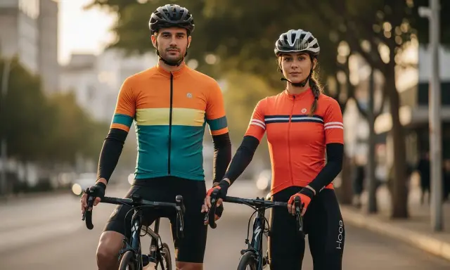 Para rowerzystów w kaskach i strojach kolarskich. Idealny przykład, jak się ubrać na rower, by wyglądać stylowo i czuć się komfortowo.
