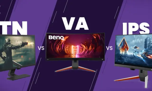 Comparaison d'écrans : TN, VA et IPS. L'écran VA BenQ au centre affiche un paysage futuriste.