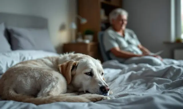 Mon chien, un labrador doré, dort sur le lit. Il me réveille la nuit pour faire ses besoins, mais il est si mignon que je ne peux pas lui en vouloir.