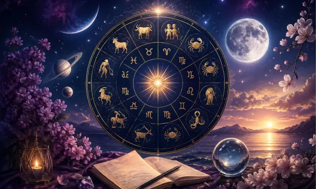 Zodiakalny horoskop miesięczny dla Bliźniąt, otoczony kosmicznym krajobrazem z księżycem i planetami.