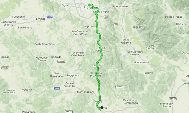 Mappa della strada chiantigiana, un percorso tortuoso che attraversa colline e borghi tra Firenze e Siena.