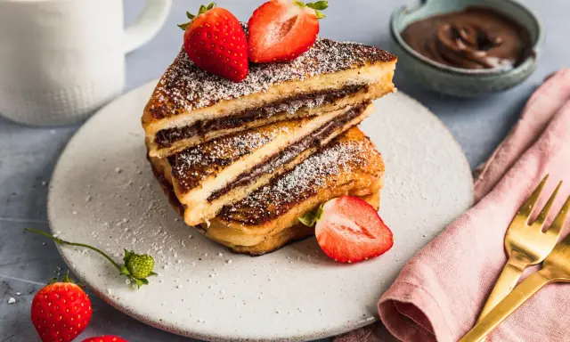 Gestapelte French Toast mit Nutella, bestäubt mit Puderzucker und garniert mit frischen Erdbeeren. Ein Glas Milch und eine Schüssel Nutella im Hintergrund.