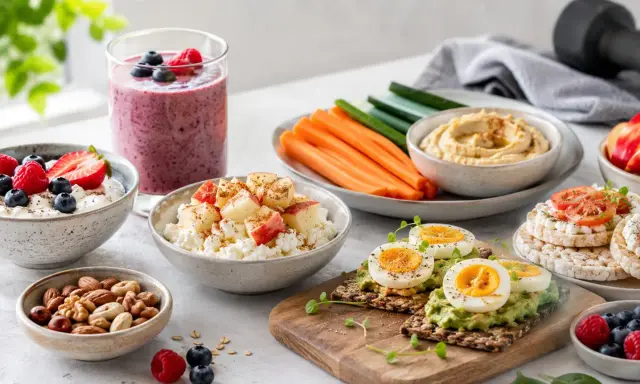 En härlig samling av nyttiga alternativ för ett bra mellanmål: smoothie, kvarg med bär, äggmackor, grönsaksstavar med hummus och nötter.