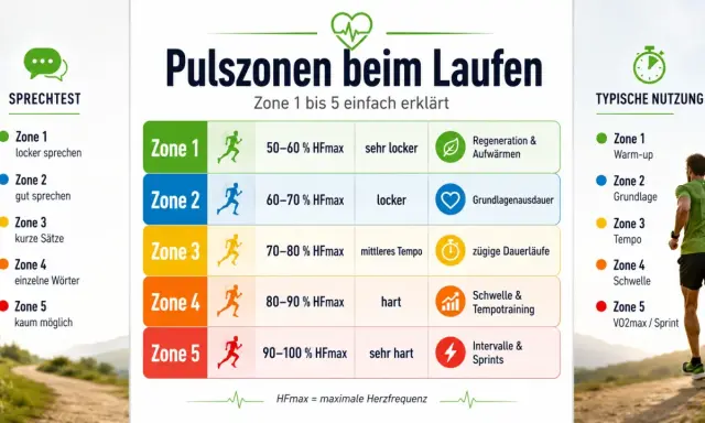 Grafik erklärt Pulszonen beim Laufen für besseres Laufen: Zone 1 (Warm-up) bis Zone 5 (Sprint) mit Sprechtest und typischer Nutzung.