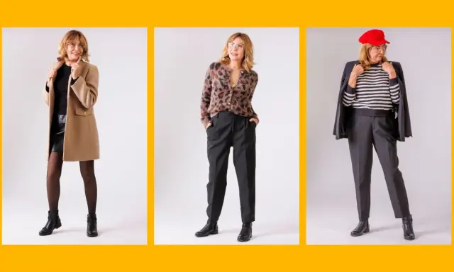 Elegancka kobieta prezentuje trzy stylizacje. Modne propozycje dla kobiet 60 plus: płaszcz, sweter w panterkę i marynarka z beretem.